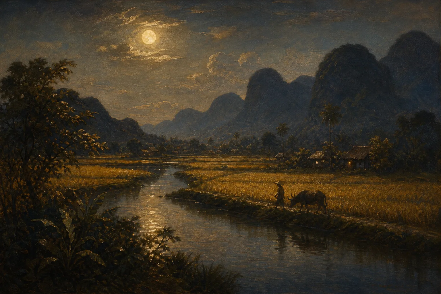 Tranh: Ruộng Bậc Thang Dưới Trăng